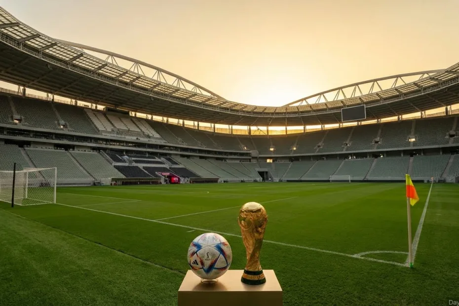 Countdown to FIFA World Cup with stadium lights and trophy silhouette