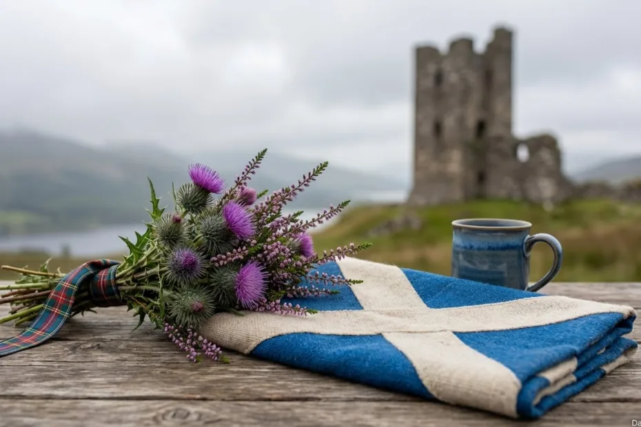 Saint Andrews Day countdown with Scottish flag and calendar