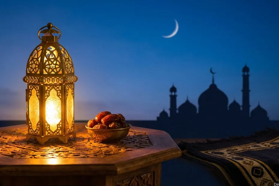 How many days until Ramadan start countdown with crescent moon and mosque silhouette