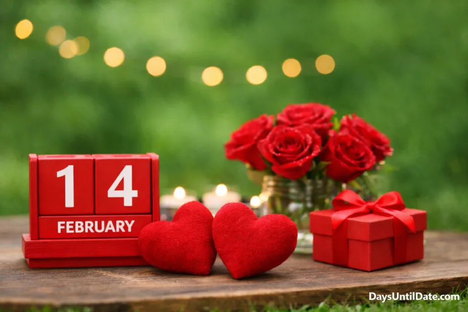 How many days until Valentines Day calendar with heart shaped box and roses