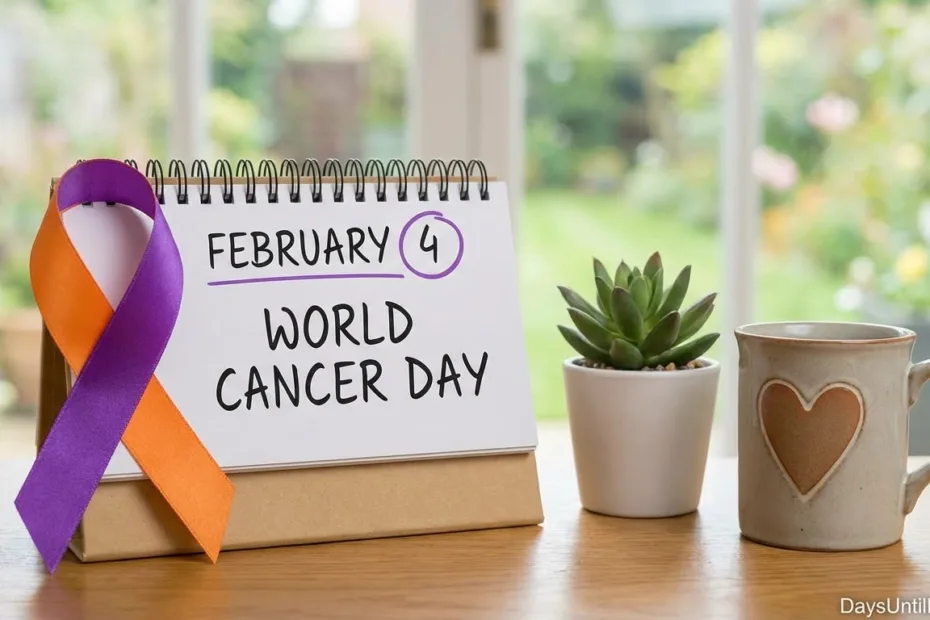 How many days until World Cancer Day awareness ribbon and calendar reminder