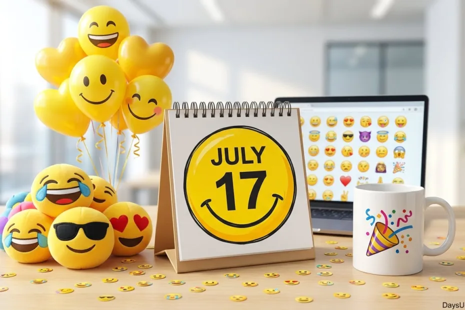 How many days until World Emoji Day countdown graphic showing colorful emoji icons