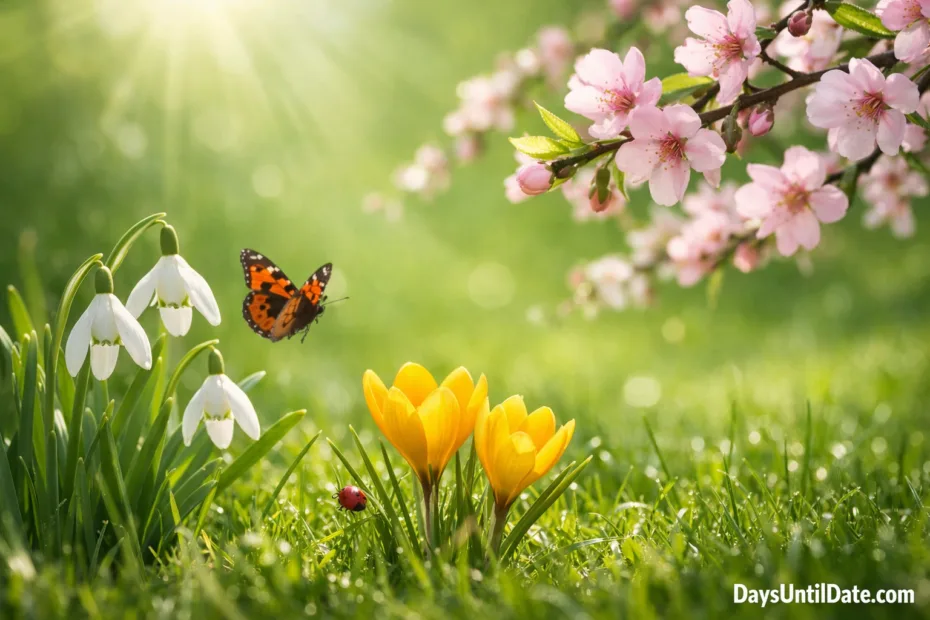 How many days until spring calendar with blooming flowers and sunlight