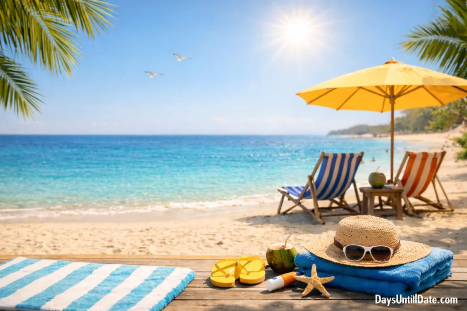 Countdown calendar marking days until summer with sunlit beach imagery