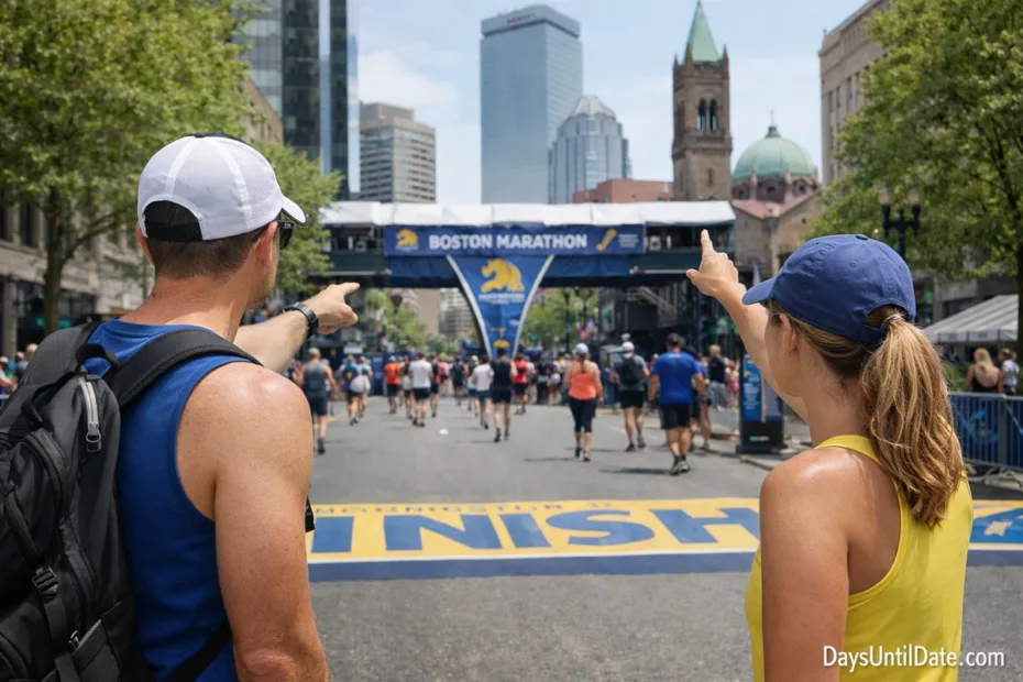Boston Marathon countdown clock with runners on city course
