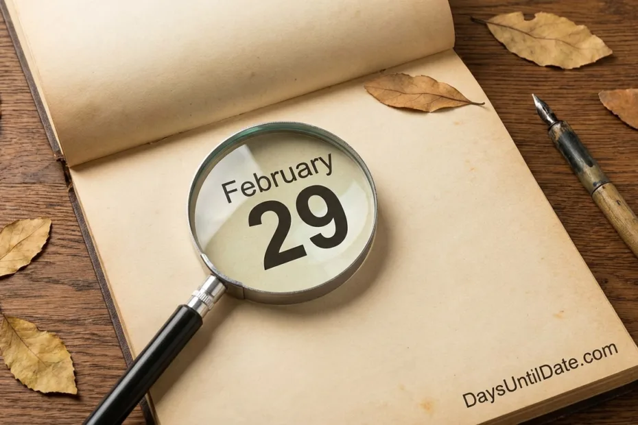 Magnifying glass highlighting February 29 on a calendar page, symbolizing countdown to the next leap year