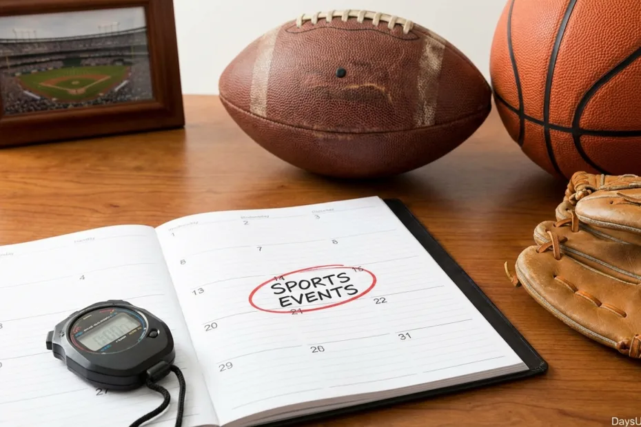 A calendar page with 'Sports Events' written on it, surrounded by a football, basketball, baseball glove, and a timer.