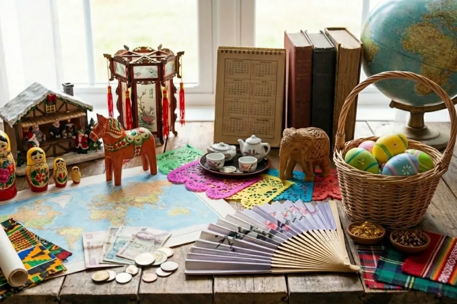 Colorful traditional decorations, a globe, and Easter eggs on a wooden table representing national holidays worldwide.