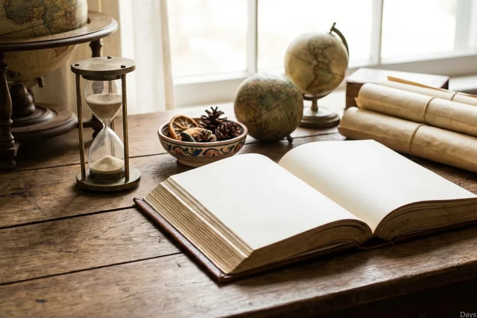 A wooden desk with an open globe, hourglass, rolled parchment, and an open book in front of a window with curtains, represent…