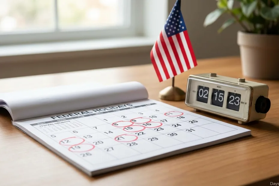 A calendar page marked with red circles on federal holidays, a small American flag, and a vintage flip clock showing 02:15:23…