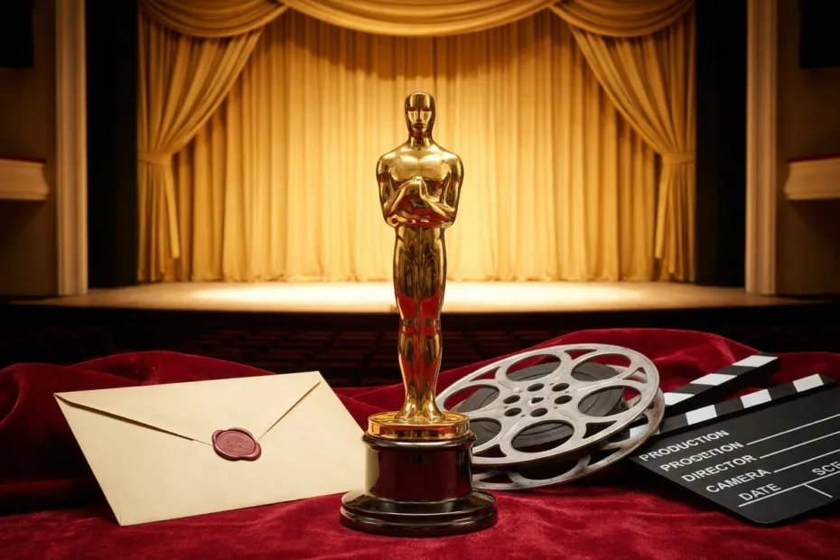 A golden Oscar trophy, an envelope, a film reel, and a clapperboard sit on a table with a stage and curtains in the backgroun…