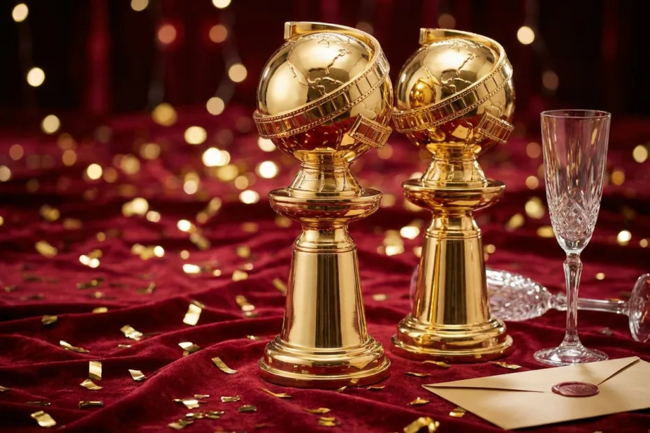 Two golden Globe Awards trophies with a champagne flute and an envelope on a red velvet table, celebrating the Golden Globe A…