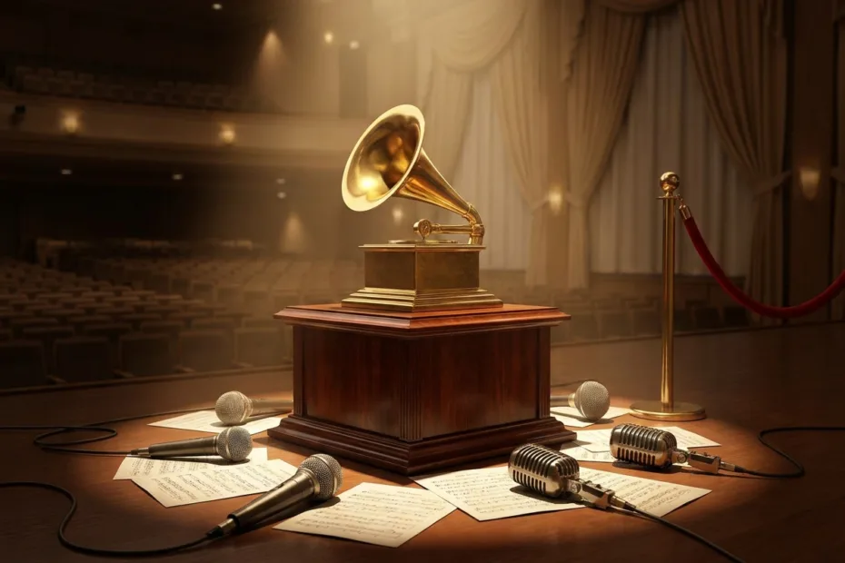 A vintage gramophone on a stage surrounded by microphones and papers, in the setting of the Grammy Awards ceremony.