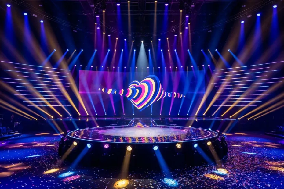Eurovision Song Contest Final stage with colorful heart logo, bright lights, and a circular performance area.